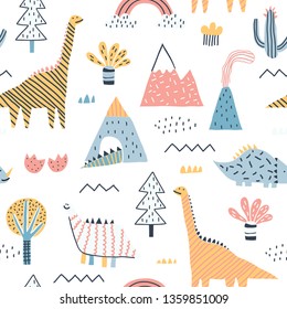 Baby seamless pattern with mountain, volcano, dinosaurs and tropical plants. Vector texture in childish style great for fabric and textile, wallpapers, backgrounds. Scandinavian style.