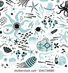 Baby seamless pattern - ocean life, underwater monsters. Submarine trip. Trendy kids vector background. Doodle style.