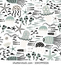 Baby seamless pattern - ocean life, underwater monsters. Trendy kids vector background. Doodle style.
