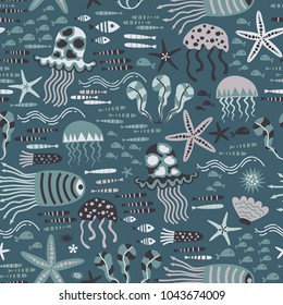 Baby seamless pattern - ocean life, underwater monsters. Trendy kids vector background. Doodle style.