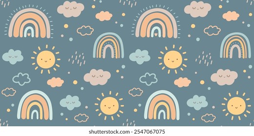 Baby seamless pattern on blue background in boho style with clouds, sun and rainbow for textiles or fabric for newborns and nursery