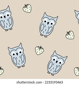 Baby seamless pattern with owl and strawberry. Flat style. Vector illustration 