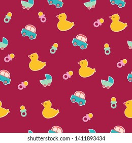 
baby seamless pattern with a pacifier a duck and a car on a pink background for newborns for  textiles