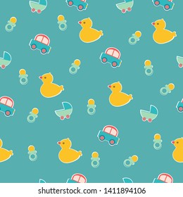 baby seamless pattern with a pacifier a duck and a machine on a blue  background for newborns for textiles