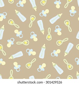 Baby seamless pattern. Pastel colors. Children's illustration. The image of pacifiers , bottles and rattles.For printing on fabric and paper.