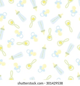 Baby seamless pattern. Pastel colors. Children's illustration. The image of pacifiers , bottles and rattles.For printing on fabric and paper.