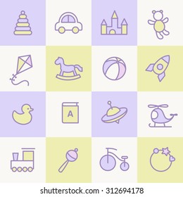 Baby seamless pattern. Pastel colors. Thin line icons of baby toys. Also for printing on paper and fabric. 