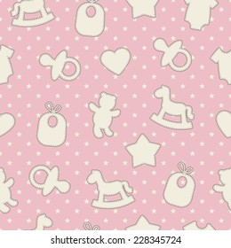 Baby seamless pattern. Pink, cream, brown colors. Illustrations of rocking horse, pacifier, baby clothes, teddy bear, bib, star, heart on star-shaped background. 