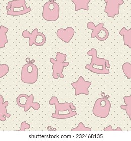 Baby seamless pattern. Pink, cream, brown colors. Illustrations of rocking horse, pacifier, baby clothes, teddy bear, bib, star, heart on polka dot background. 