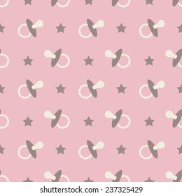 Baby seamless pattern. Pink, cream, brown colors. Illustration of baby pacifiers and stars. Also for printing on paper and fabric. 