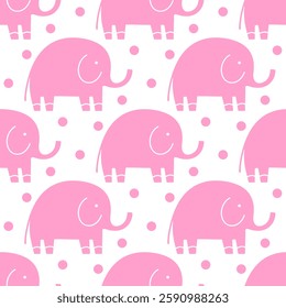 Baby seamless pattern with pink elephants on white background for girly designs. Cute animals repeat print for baby shower products, gender reveal party, nest party. Simple vector elephant silhouette.