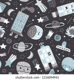 Baby seamless pattern with planets, stars and houses. Hand drawn overlapping background for your design. Vector childish pattern for fabric, textile, nursery wallpaper.