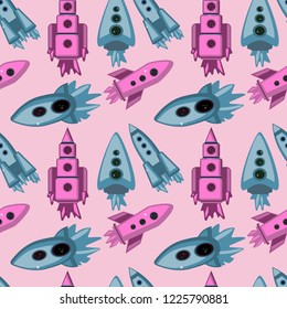 Baby seamless pattern with planets, stars and spaceship. Hand drawn overlapping background for your design. Vector childish pattern for fabric, textile, nursery wallpaper.