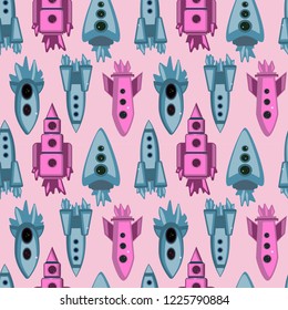 Baby seamless pattern with planets, stars and spaceship. Hand drawn overlapping background for your design. Vector childish pattern for fabric, textile, nursery wallpaper.