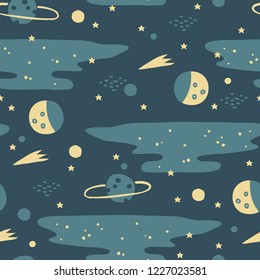 Baby seamless pattern with planets, stars and asteroids. Hand drawn overlapping background for your design. Vector childish pattern for fabric, textile, nursery wallpaper. Scandinavian style