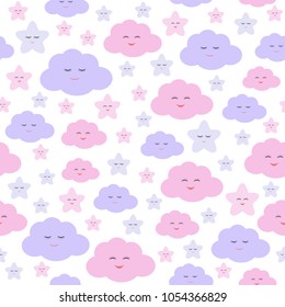 Baby seamless pattern print with cute tender pink and violet clouds and stars, girlish design for little princess, good for textile fabric print, kid clothes, card, poster, wallpaper, scrapbook paper.