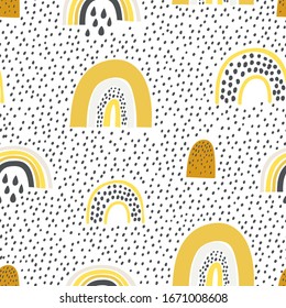 El diseño del bebé es impecable, con arco iris y puntos. Fondo vectorial creativo para tela, textil, papel tapiz vivero.