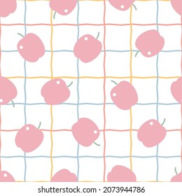 Baby seamless pattern red apple fruit background with square grid lines on white background hand drawn design in cartoon style Used for printing, wallpaper decoration. vector illustration