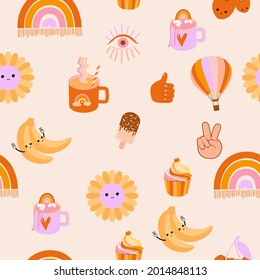 Baby seamless pattern with Retro 70's cartoon trendy elements. Vector hand drawn flat illustrations. Editable Vector.