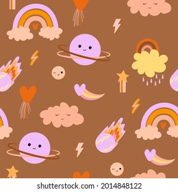 Baby seamless pattern with Retro 70's cartoon trendy elements. Vector hand drawn flat illustrations. Editable Vector.