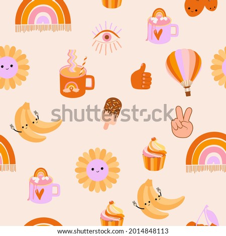 Baby seamless pattern with Retro 70's cartoon trendy elements. Vector hand drawn flat illustrations. Editable Vector.