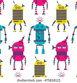 Baby seamless pattern of retro robots. Vector illustration for kids pattern fabric.