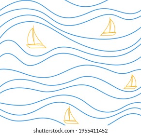 Baby seamless pattern with sailboats and waves. Vector abstract marine background. Simple baby's drawing for textile.