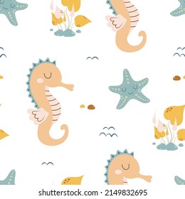 baby seamless pattern with seahorses, starfish and alga, marine wildlife, vector illustration with sea inhabitants