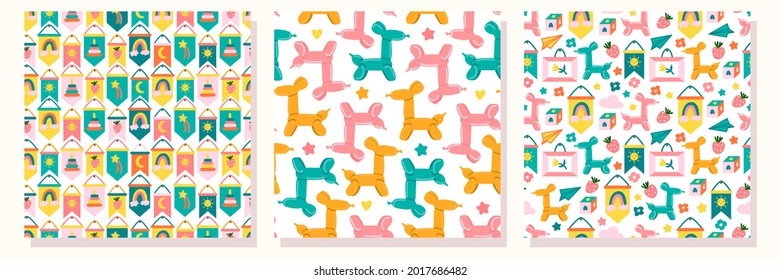 Baby seamless pattern set in bright colors with balloon dog, frame, flag, papwer airplane, flower, strawberry, star and heart