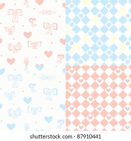Baby seamless pattern set with hearts, bow and flowers