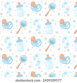 Baby seamless pattern.  Pattern with a set of newborn items in blue. Pacifier, bottle, rattle and footprints in flat style. Seamless pattern for textile, wrapping paper, background.