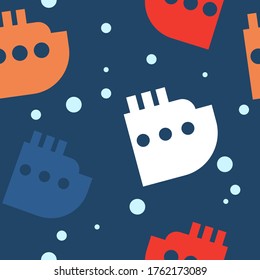 baby seamless pattern with silhouettes of multicolored ships and liners on a dark blue background. cartoon flat design. cruise. Marine theme for boys. for packaging, paper, fabric. print for clothes