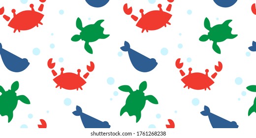 baby seamless pattern with silhouettes of red crabs, fish, turtles and bubbles. flat design. Marine theme. for packaging, paper, fabric. print for clothes