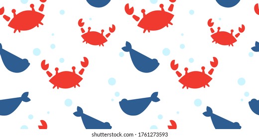 baby seamless pattern with silhouettes of red crabs,fish and bubbles. flat design. Marine theme. for packaging, paper, fabric. print for clothes