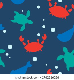 baby seamless pattern with silhouettes of red crabs, fish, turtles and bubbles on a dark blue background. flat design. Marine theme. for packaging, paper, fabric. print for clothes