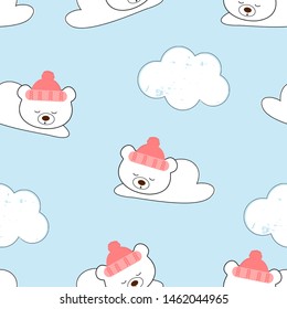 Baby seamless pattern with sleeping bear, cute animal character on a blue background vector illustration.