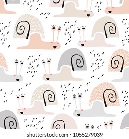 Baby seamless pattern with snails and points in scandinavian style. Perfect for kids fabric, textile, nursery wallpaper. Vector Illustration.