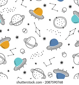 Baby seamless pattern space background with planets and UFO on white background hand drawn style cartoon design Use for print, wallpaper, decoration, textiles. Vector illustration.