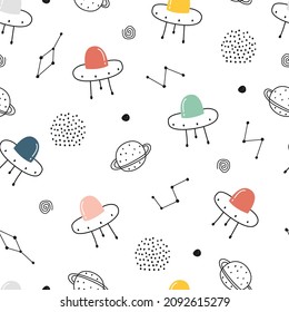 Baby seamless pattern space background with ufo and planets on a white background hand drawn style cartoon design Use for print, wallpaper, decoration, textiles. Vector illustration