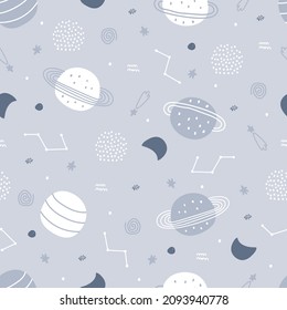 Baby seamless pattern space background with planets on a grey background hand drawn style cartoon design Use for print, wallpaper, decoration, textiles. Vector illustration