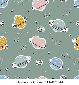 Baby seamless pattern space background with planet on green background hand drawn Use for print, wallpaper, decoration, textiles. Vector illustration