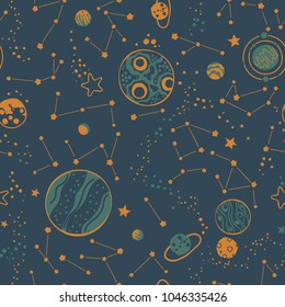 Baby seamless pattern - space, planets, stars. Trendy kids vector background. Scandinavian style.