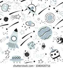 Baby seamless pattern - space, spaceships and planets with stars. Trendy kids vector background.