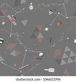 Baby seamless pattern - space, spaceships and planets with stars. Trendy kids vector background. Minimalist style. Memphis style.
