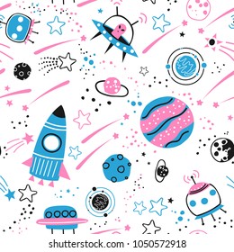 Baby seamless pattern - space, spaceships and planets with stars. Trendy kids vector background.