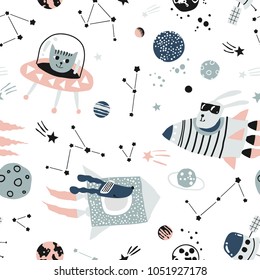 Baby seamless pattern - space, spaceships and planets with stars. Trendy kids vector background. Bunny, dog and cat in space ships.