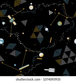 Baby seamless pattern - space, spaceships and planets with stars. Trendy kids vector background.