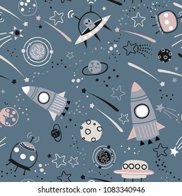 Baby Seamless Pattern - Space, Spaceships And Planets With Stars. Trendy Kids Vector Background. Cosmos Wallpaper.