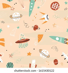 Baby seamless pattern - space, spaceships and planets with stars. Trendy kids vector background.