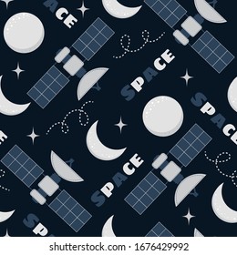Baby nahtlose Muster, Raum, Raumschiffe, Raumsatelliten und Planeten mit Sternen. Trendy Kids Vektorillustration Hintergrund. Vektorillustration. Kosmos-Tapete.